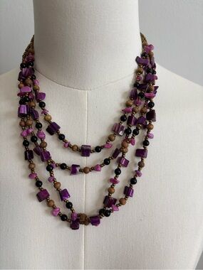 Multi-Strand Purple and Brown Beaded Necklace - 24in drop